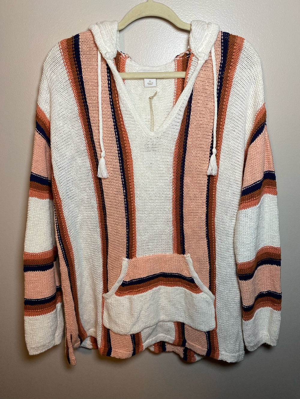 Natural Reflections Striped Hooded Knit Sweater - White & Peach NEW XL